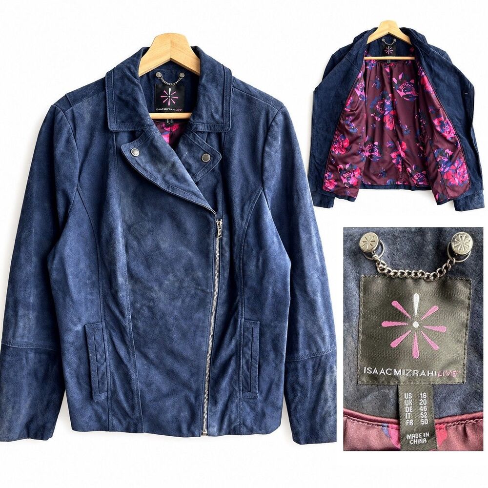 Isaac Mizrahi Live Blue Suede Leather Moto Biker Jacket Women’s 16 Floral Lining